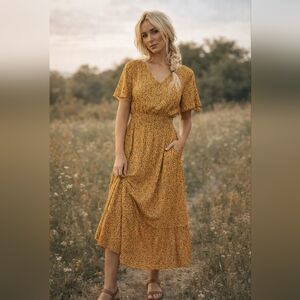 Romantic Mustard Floral Smocked Midi Dress | Boho Cottagecore | Size S
